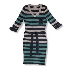 Pink Rose Big Girls Sweater Dress Ribbed Knit Striped Gray Green Bodycon Size L